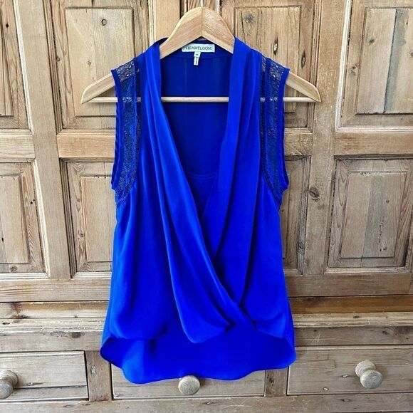 Heartloom Small Royal Blue Drape Neck Blouse Sleeveless Lace Slight Flaws - Picture 1 of 9